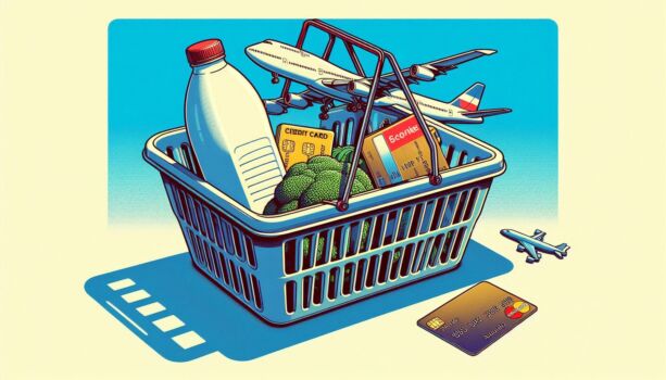 Retail Media: a shopping basket containing a plane and a credit card