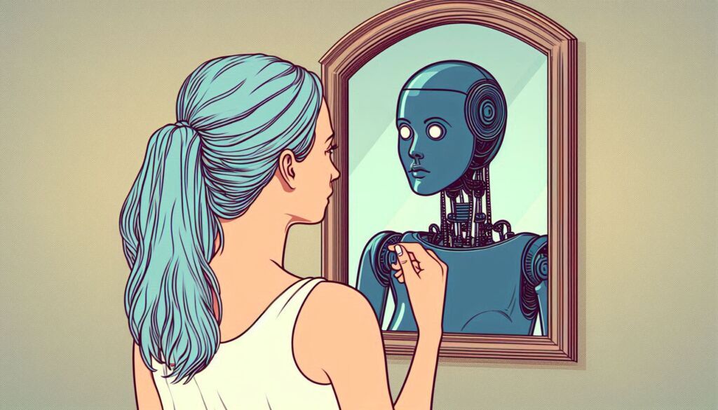 a woman looking in a mirror and seeing a robot as her reflection
