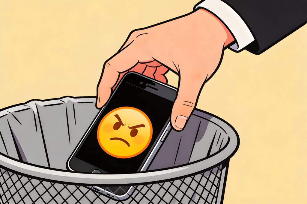 An iphone being put into a trash can