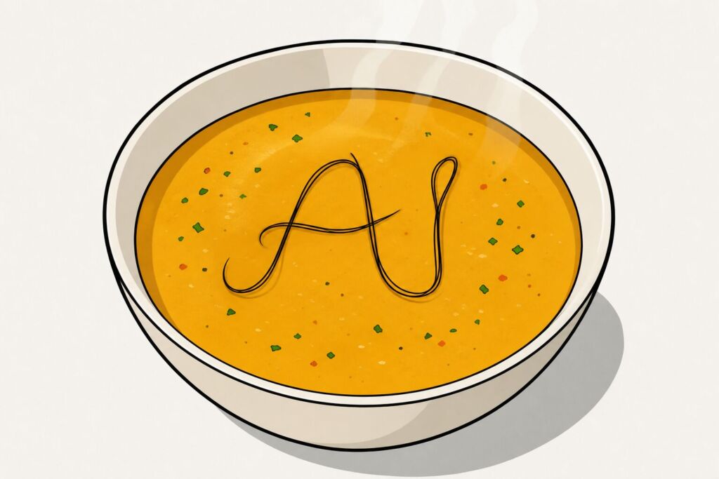 A single hair floats in a bowl of soup, spelling out AI