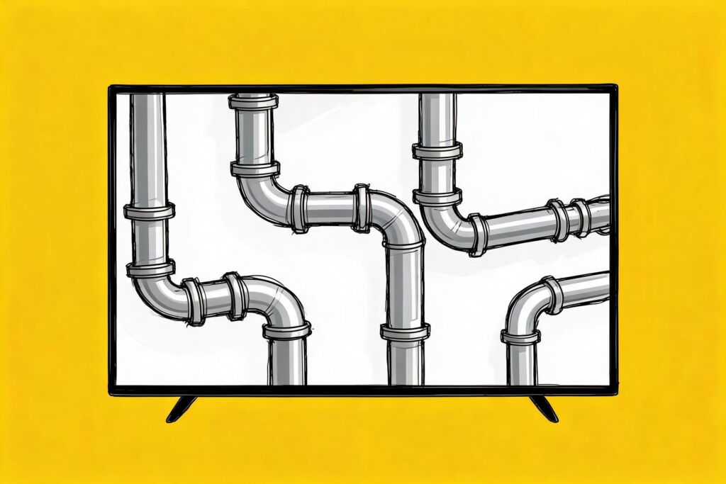 A TV showing a set of interconnected pipes