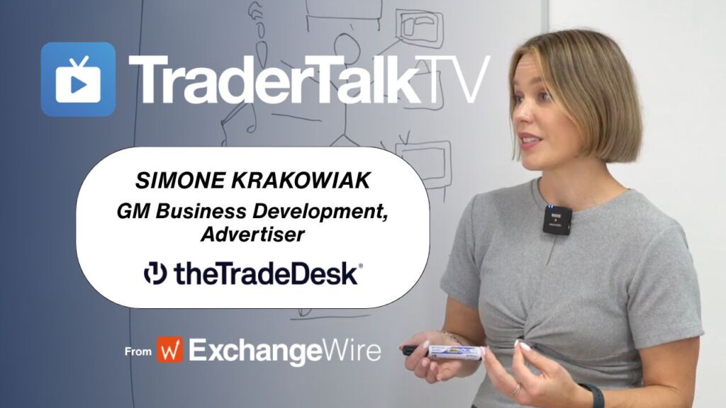 Simone Krakowiak, GM business development, advertiser at The Trade Desk, in front of the ExchangeWire whiteboard for a TraderTalkTV episode.